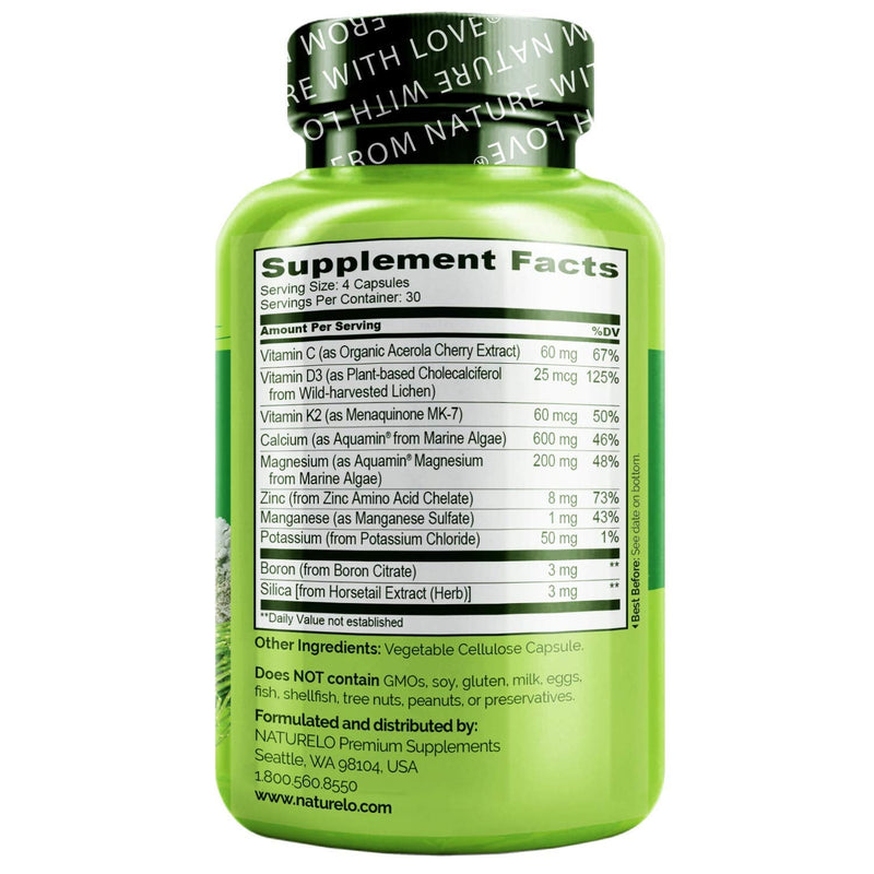 NATURELO Bone Strength - Plant-Based Calcium, Magnesium, Potassium, Vitamin D3, VIT C, K2 - GMO, Soy, Gluten Free Ingredients - Whole Food Supplement for Bone Health - 120 Vegan Friendly Capsules 120 Count (Pack of 1) - NewNest Australia