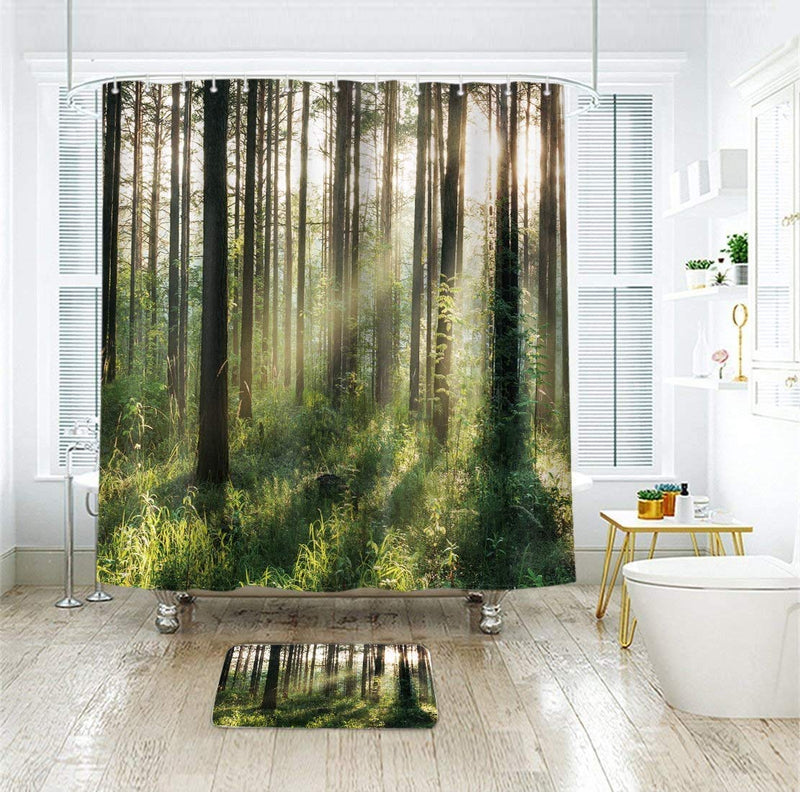 LIGHTINHOME Nature Forest Shower Curtain 60Wx72L Inch Bright Sunshine Tree Green Leaves Fresh Grass Landscape Woodland Scene Floral Bathroom Home Decor 12 Plastic Hooks - NewNest Australia