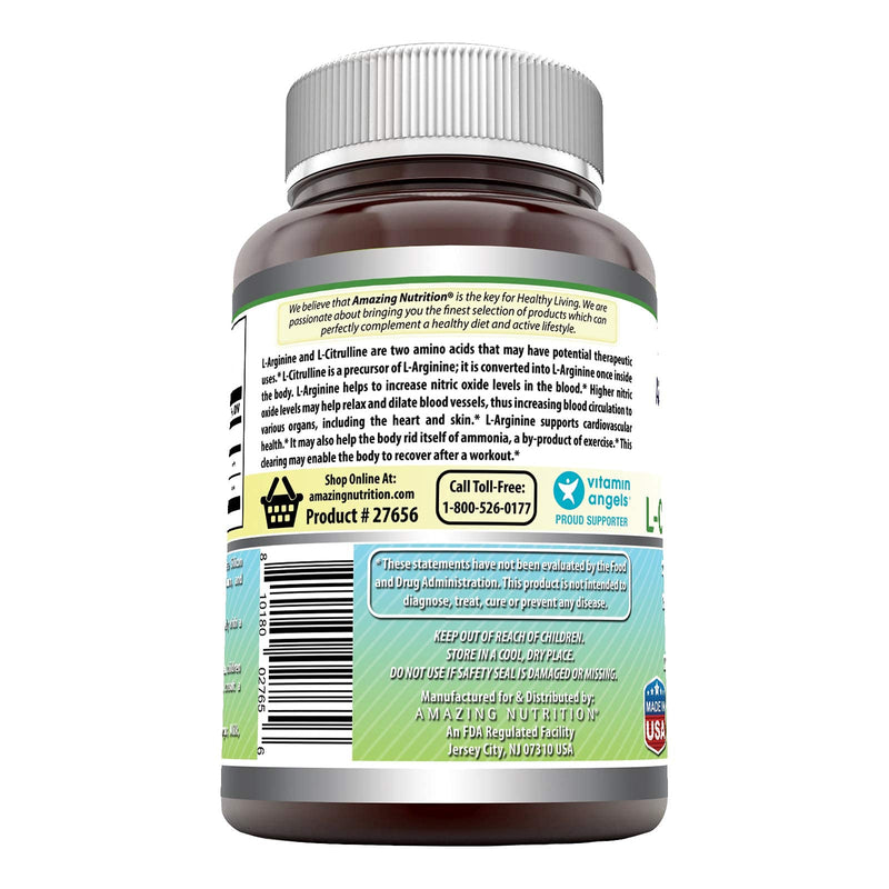 Amazing Nutrition L-Arginine/L-Citrulline Complex 1000 Mg Combines Two Amino Acids with Potential Health Benefits Supports Energy Production Ads (120 Tablets) (Non-GMO,Gluten Free) 120 Count (Pack of 1) - NewNest Australia