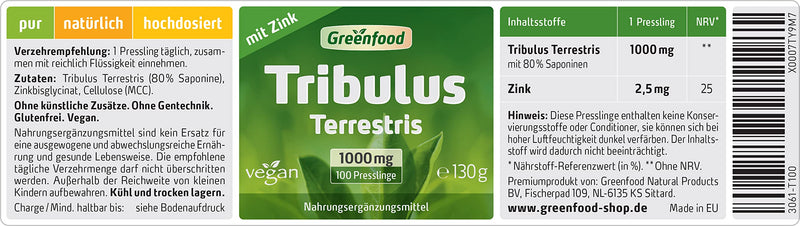 Tribulus 1000 Mg, Highly Dosed Extract (80% Saponins) Pellets ‚ Natural Testosterone Booster. For More Virility, Energy, Strength, Endurance, Burn Fat. No Artificial Additives. Gm Free. Vegan., , , - NewNest Australia