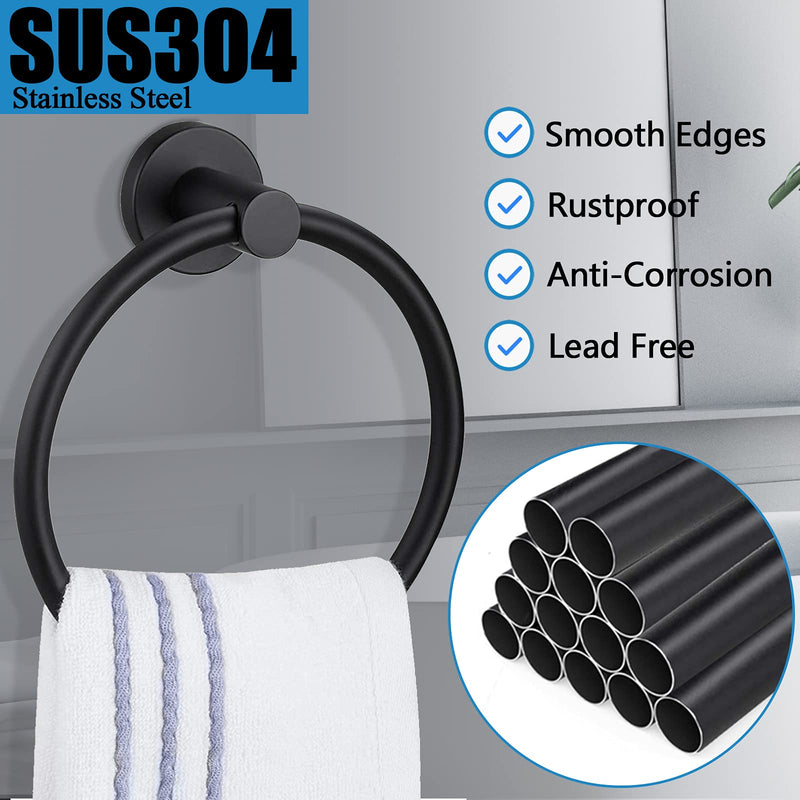 Pynsseu Matte Black Towel Ring for Bathroom 2 Pack, Kitchen Bath Towel Holder Hangers Wall Mount Heavy Duty Storage Stainless Steel - NewNest Australia