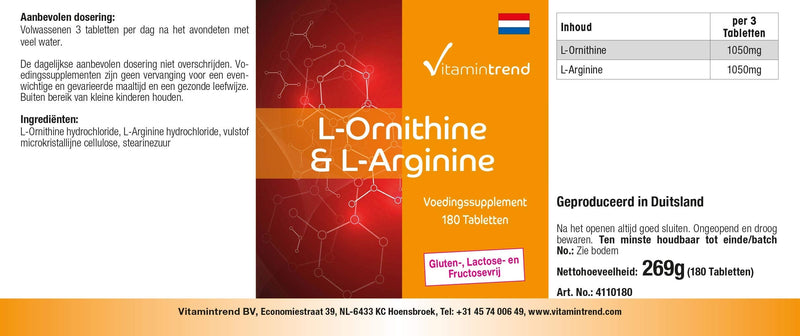 L-Ornithine & L-Arginine - 180 tablets - 2100 mg amino acids per daily dose - vegan - high dosage | Vitamintrend® - NewNest Australia