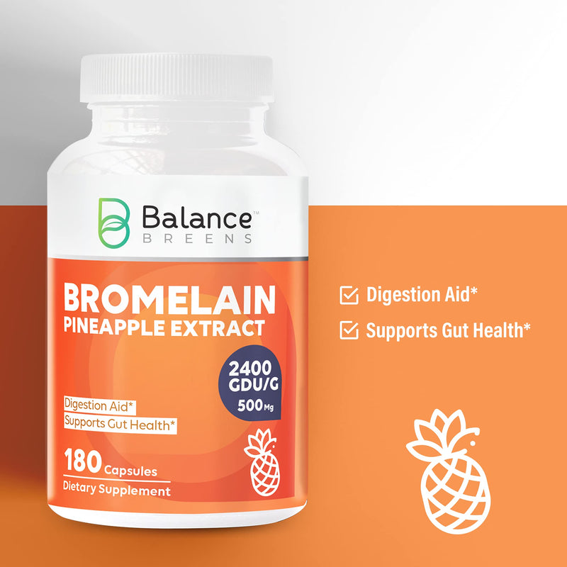 Balance Breens Bromelain 500mg 2400 GDU/G Pineapple Extract Supplement - 180 Non-GMO Capsules - Supports Gut Health, Digestive Support & Comfort - NewNest Australia