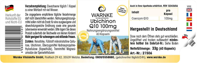 Coenzyme Q10 100mg - CoQ10 capsules - high dose - ubiquinone - 60 capsules - vegan | Warnke vital substances - NewNest Australia
