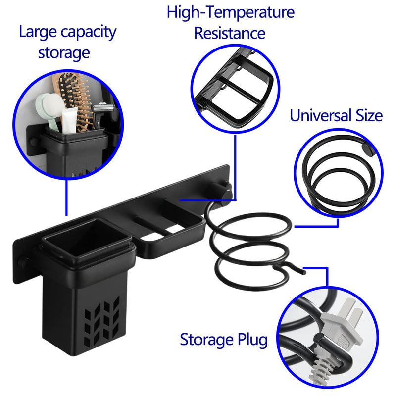 BURNTOP Hair Dryer Holder Wall Mounted, Straightener Holder, Bathroom Hair Styling Care Tool Organizer, Multi-Functional Space Saving Storage Bracket with Plug Hook & Cup-Black - NewNest Australia