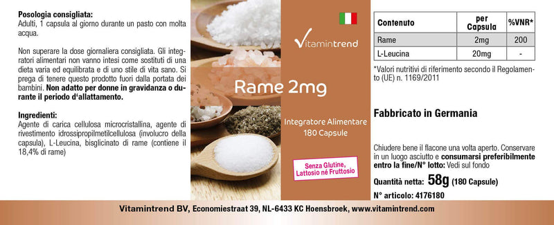 Copper capsules - 2mg - high dosage - vegan - 180 capsules - for hair pigmentation | Vitamintrend® - NewNest Australia
