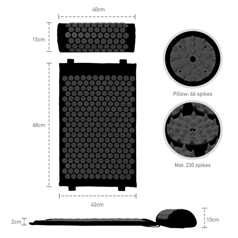 Belmalia Acupressure Set with Neck Cushion for Relaxation + Well-Being | Easy Transport Acupuncture Mat and Pillow Set | Massage Mat with Carrying Handles | Black - NewNest Australia