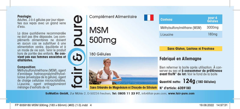 MSM capsules 500mg - methylsulfonylmethane - vegan - 180 MSM capsules - 100% MSM per capsule - pure substance without magnesium stearate - NewNest Australia