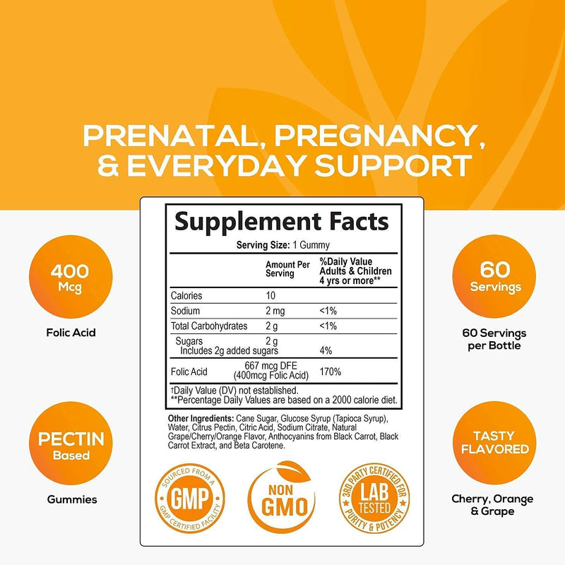 Folic Acid Gummies for Women 400mcg, Essential Support for Mom and Baby, Extra Strength Prenatal Vitamins, Chewable Folate Nutrition Supplement for Before, During, and After Pregnancy - 60 Gummies 60 Count (Pack of 1) - NewNest Australia