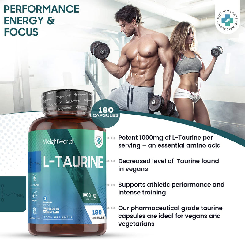 L Taurine 1000mg Capsules - 180 High Strength Taurine Capsules (3 Months Supply) - Amino Acid Supplement for Overall Health - Pre Workout Supplement for Men & Women - Vegan & Gluten Free - NewNest Australia