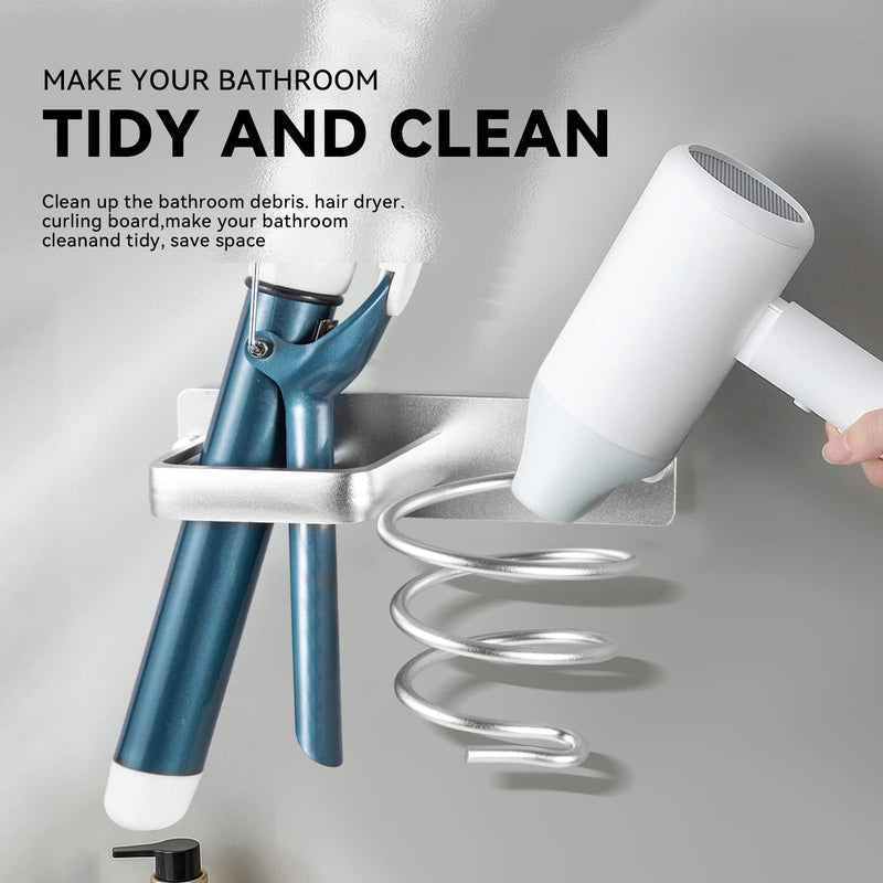 YUET Hair Dryer Holder Hairdryer Station Wall Mounted Spiral Shelf Bracket Stand Hanger Straightener Organizer Blow Storage with Holes Rack For Bathroom Aluminum Professional Silver - NewNest Australia