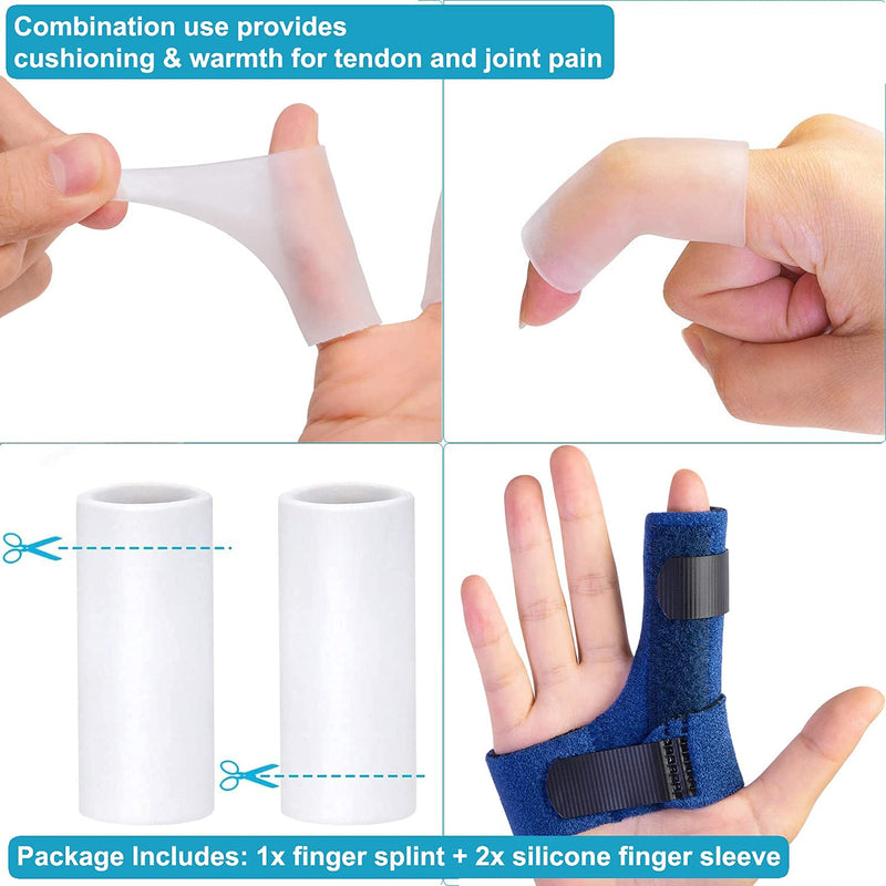 Sumifun Finger Brace for Right Hand, Finger Splints with 2 Gel Sleeves for Mallet Finger, Trigger Finger, Finger Supports with Built-in Aluminium Bar for Sprains, Pain Relief, Sports Injury, Blue Right Hand - Blue - NewNest Australia