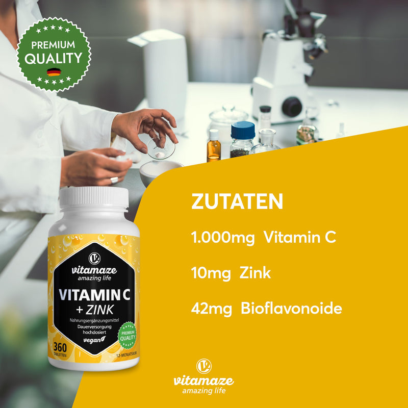 High-dose vitamin C 1000 mg + zinc, 360 tablets for 1 year, vegan & optimally bioavailable, natural dietary supplement without unnecessary additives, made in Germany - NewNest Australia