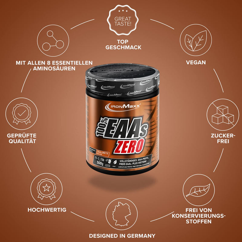 Ironmaxx 100% Eaas Zero - Cola-Lime 500G Can | Eaa Powder, Vegan And Sugar-Free With All 8 Essential Amino Acids | Fruity Taste, Free From Preservatives 500 G (Pack Of 1) - NewNest Australia