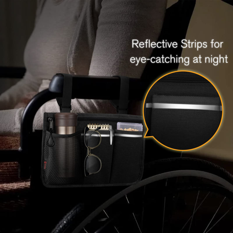 FINPAC Wheelchair Side Storage Bag - Wheelchair Armrest Accessories Organisers Pouch with Reflective Strips and Name Card Slot for Walkers, Mobility Scooters, Rollators (Black) Black - NewNest Australia