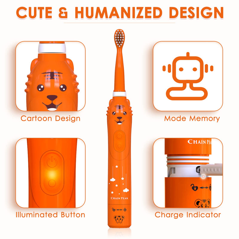 Kids Sonic Electric Toothbrush, Rechargeable Smart Toothbrush for Children, Toothbrush for Toddlers Boys Girls Age 3-12 with 30s Reminder, 2 Mins Timer, 6 Modes, 6 Brush Heads, Wall-Mounted Holder 8650 Orange+ 6 Heads+ Stand - NewNest Australia