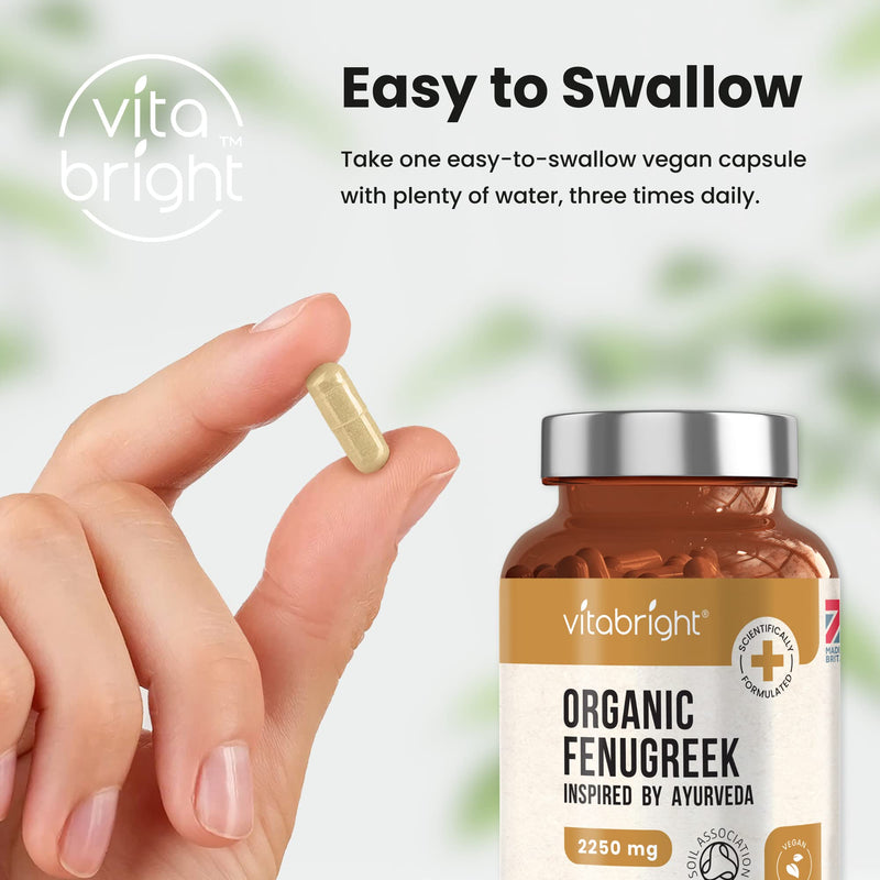 Organic Fenugreek Capsules - 2250mg High Strength - 180 Capsules (60 Day Supply) - Supports Healthy Blood Sugar Levels and Healthy Cholesterol Levels - Vegan - Made in The UK by VitaBright - NewNest Australia