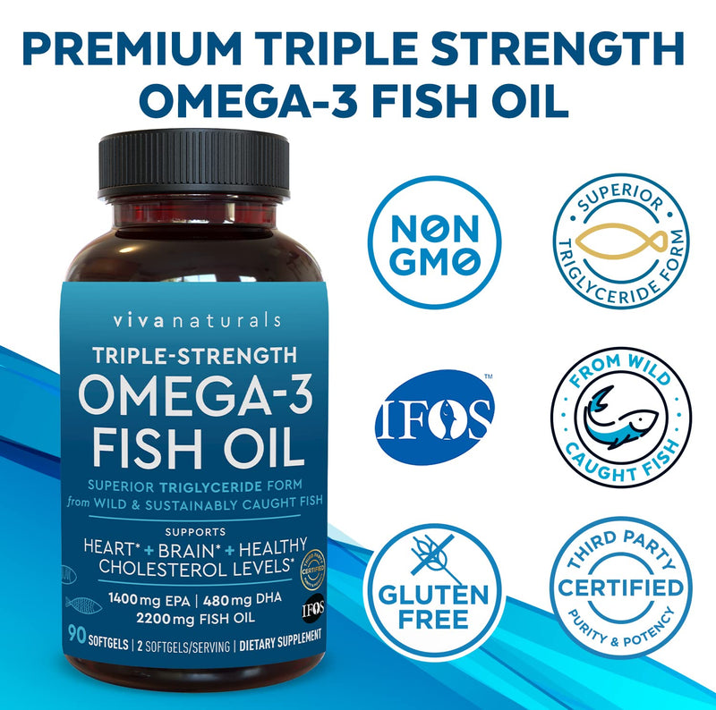 Fish Oil Omega 3 Supplement (90 Softgels) - 2,200mg EPA & DHA, Triple Strength Wild Triglyceride Omega 3 Fish Oil Supplements with No Fishy Burps 90 Count (Pack of 1) - NewNest Australia