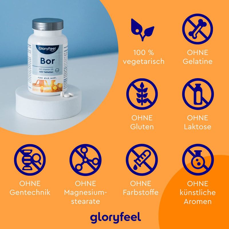 Pure boron - High dose with 3.5 mg boron - 400 tablets for over 1 year supply - High bioavailability thanks to vitamin D - 100% vegetarian & without unwanted additives - NewNest Australia