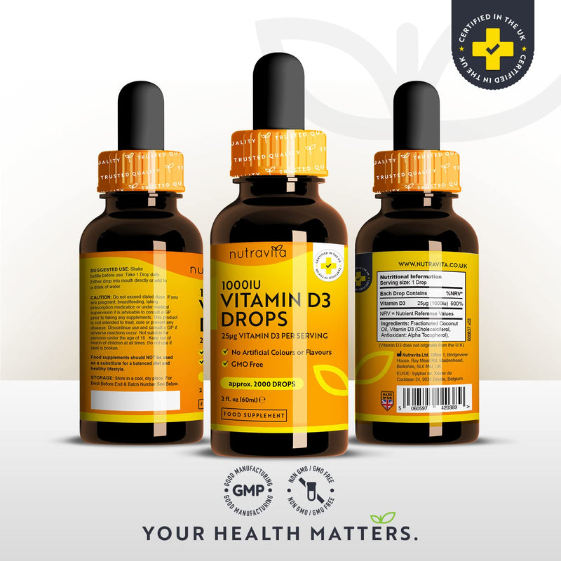 Vitamin D3 Drops 60ml (2000 Drops) – Vitamin D 1000IU per Drop – Flexible Dose of Liquid Vitamin D Supplement – Supports Normal Bones, Immune System & Calcium Absorption - Made in The UK by Nutravita - NewNest Australia