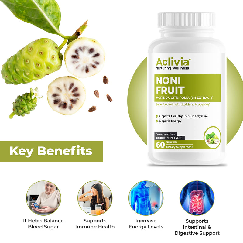 Aclivia Noni Fruit Capsules – Immune Support Supplement, Antioxidant Superfood Energy Booster, Promotes Healthier Skin, Hair & Nails, Joints & Brain Support, 4000mg Morinda citrifolia Extract Capsules - NewNest Australia