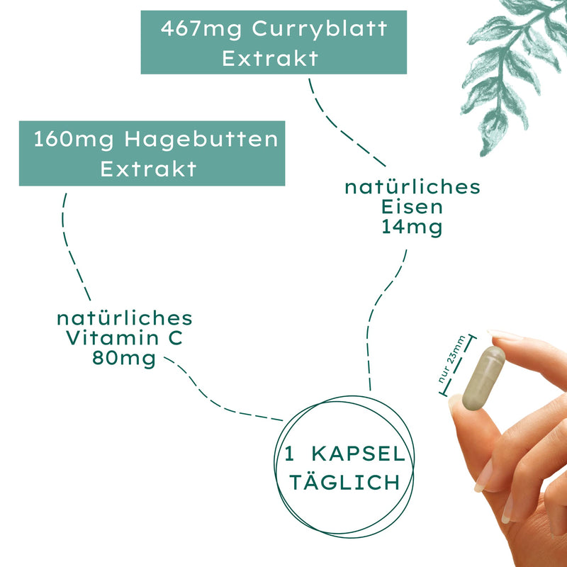Nature Basics® natural iron certified & sustainable in a glass | 180 capsules high dose | 14mg iron & 80mg vitamin C per capsule | purely from curry leaf & rose hip | without additives & from DE - NewNest Australia