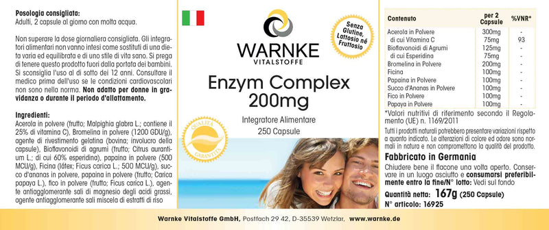 Enzyme Complex Capsules - Bromelain, Papain & Ficin - Vegan - Vegetable Enzymes Plus Acerola & Bioflavonoids - High Dose - 250 Capsules - Bulk Pack Warnke Vital Substances - NewNest Australia