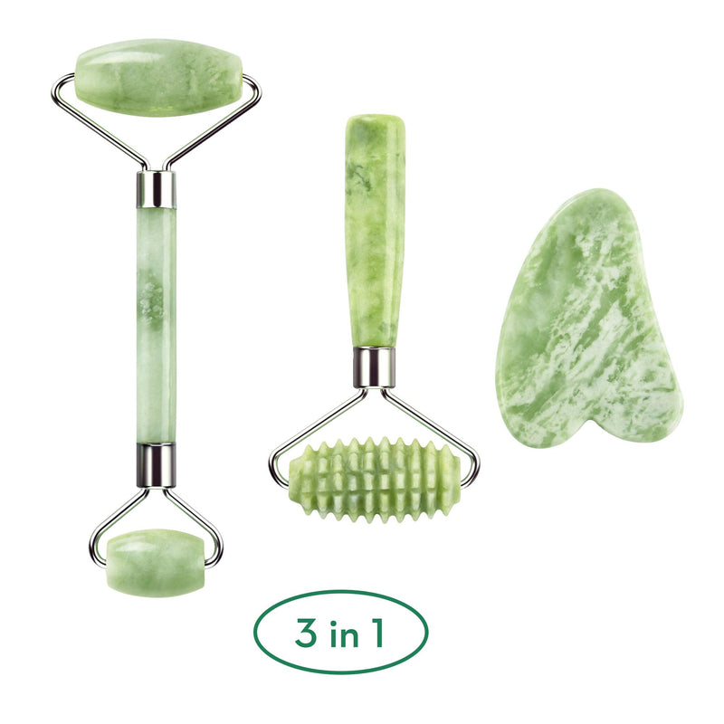 Kimkoo Jade Roller for Face-3 in 1 Kit with Facial Massager Tool,100% Real Natural Jade Stone Facial Roller Anti Aging,Face Beauty Set for Eye Anti-Wrinkle - NewNest Australia
