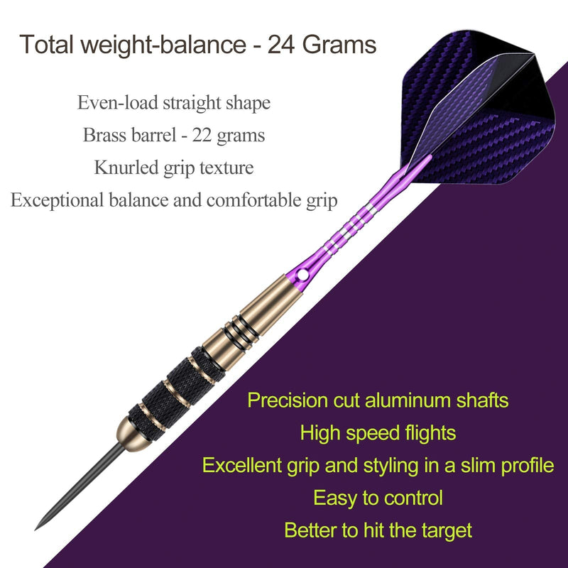 sanfeng Darts Metal Tip Set for Dartboard, Steel Tip Darts 22g 23g 24g 27g with Black Blue Green Aluminum Shafts + Extra Flights + 50pcs Rubber O-Rings 12pcs Spring Rings + 1pcs Dart Sharpener Tool 24g-Purple--3 Pack - NewNest Australia