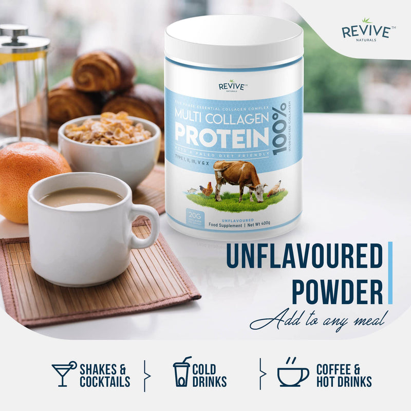Revive Naturals Multicollagen Protein Powder - Types I, Ii, Iii, V & X - Hydrolysed Grass Feed Beef, Wild Caught Fish And Free-Range Chicken, Flavorless, Halal - (400 G), Powder - NewNest Australia