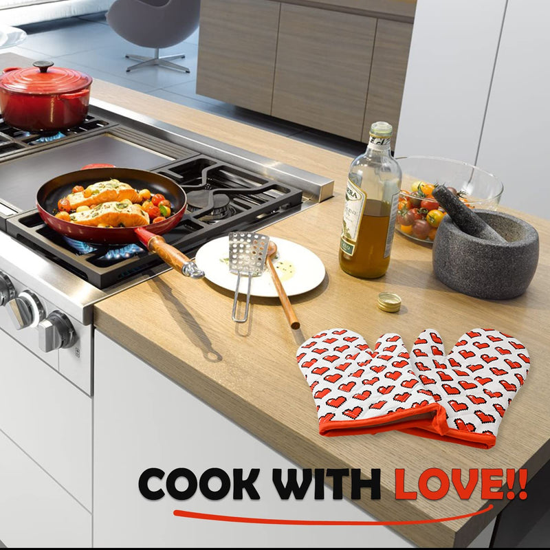 Heat Resistant Oven Mitts - Quilted Kitchen Gloves - Red Heart Design Pattern - NewNest Australia