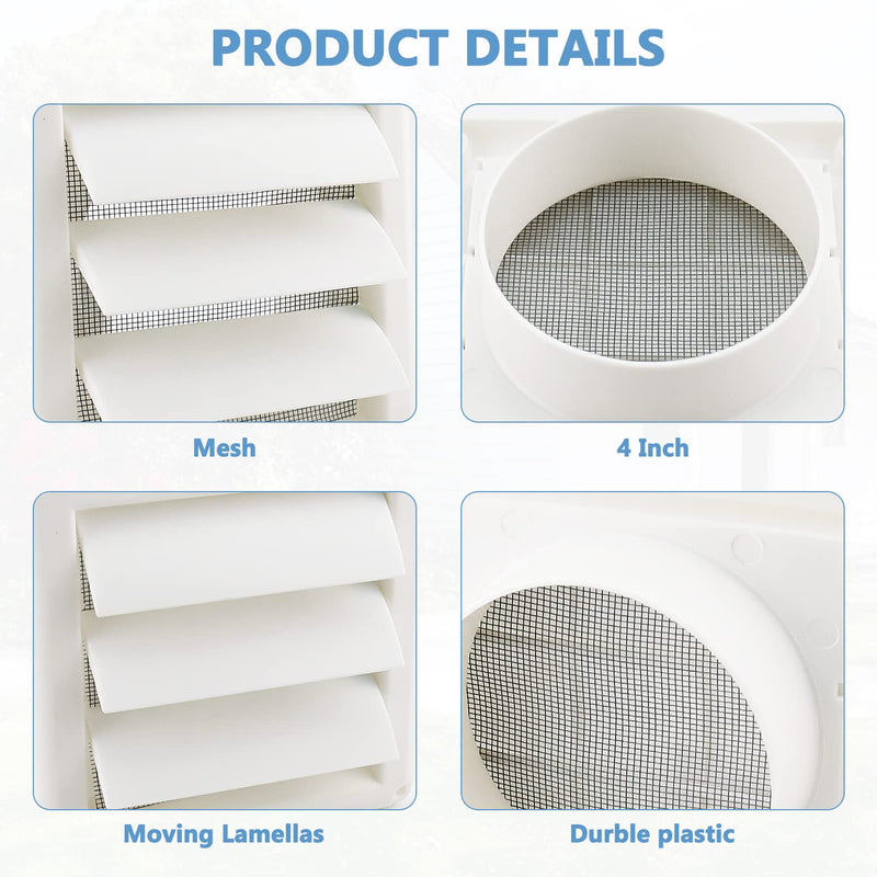 Cenipar Louvered Vent Cover(4 inch) for External Wall Vent Hood Air Outlet with 4 Screws for Easy Installation(Plastic,White) 4inch - NewNest Australia