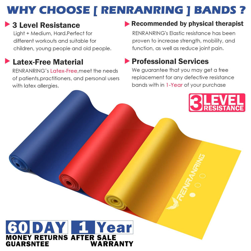 RENRANRING Resistance Bands Set - Exercise Bands for Physical Therapy, Yoga, Pilates, Rehab and Home Workout, Non-Latex Elastic Bands (Set 3) (Yellow,Red,Blue, 4.9FT) - NewNest Australia