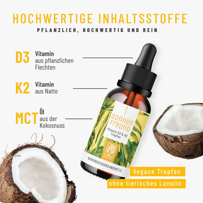 NATURTREU® Vitamin D3 K2 drops high dosage & vegan - 100% plant-based (without animal lanolin) - 1000 IU vitamin D + vitamin K2 - Sonnenfreund - NewNest Australia