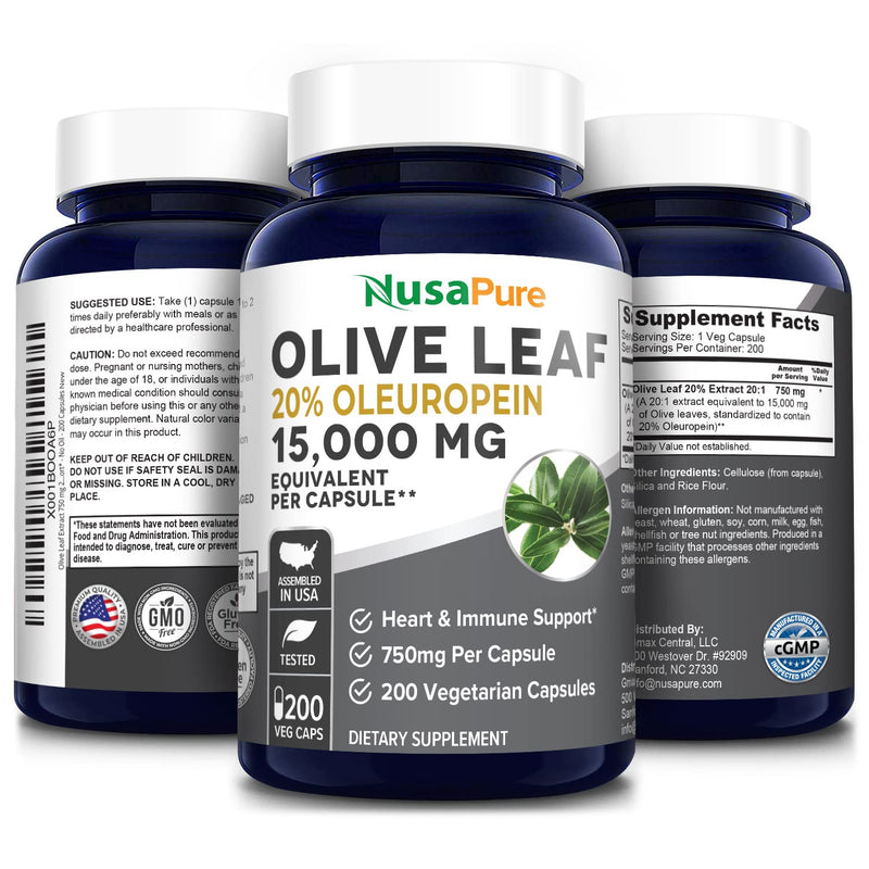 Olive Leaf 15,000 mg 200 Capsules 20% Oleuropein (Extract Ratio 20:1 750mg, Vegan, Non-GMO & Gluten-Free) Super Strength - No Oil - NewNest Australia