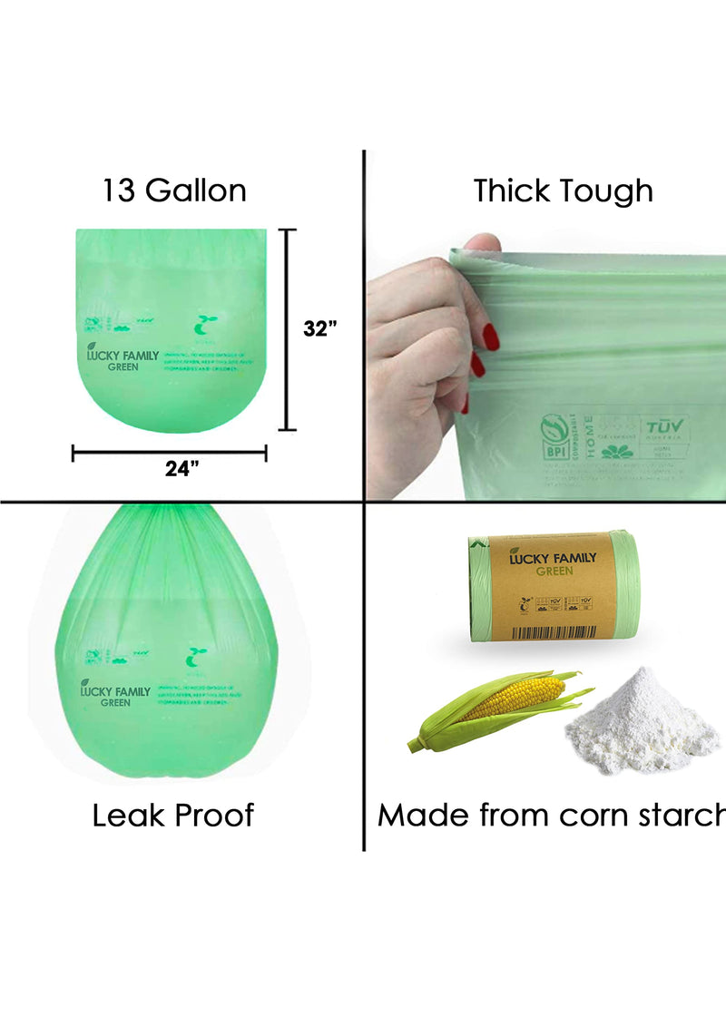 Lucky Family Green Compost Bags for Kitchen Countertop Bin 13 Gallon - 100% Compostable Food Waste Trash Repurpose - Perfect Biodegradable Organic Eco Friendly - 25 Bags per Roll - NewNest Australia