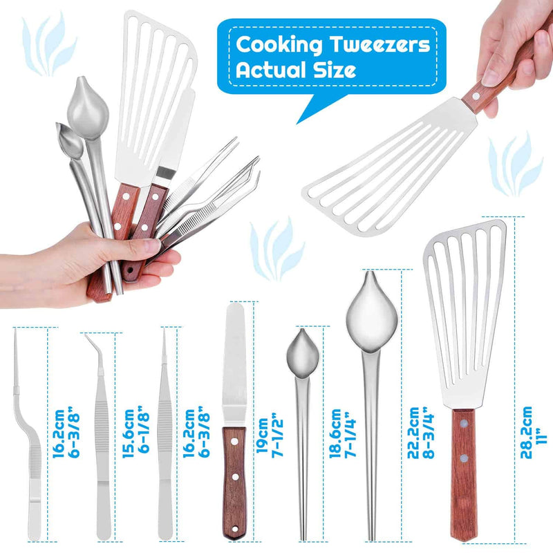 NewNest Australia - Cridoz 7 Pcs Stainless Steel Kitchen Cooking Plating Tweezers Tongs Drawing Spoons Offset Spatula and Fish Spatula for Food Culinary Plating Decorating 