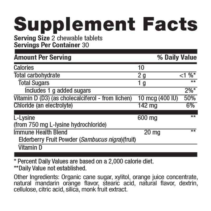 Country Life Chewable L-Lysine 600mg - 60 Chewable Tabs - Supports Immune Health - Supports Natural Collagen Production - Vitamin D - Elderberry - Great Taste - NewNest Australia