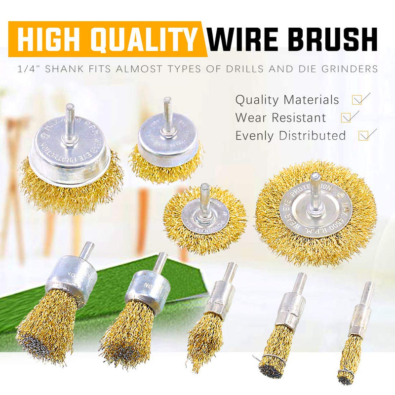 Rustark 9 Packs Wire Drill Brush Sets 9 Size Brass Coated Wire Wheel and Cup Brush Set with 1/4 Inch Round Shank for Rust Paint Corrosion Removal Polishing - NewNest Australia