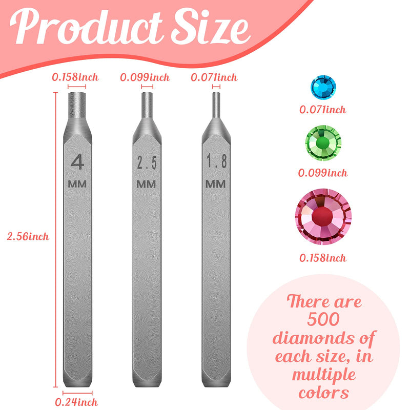 Flat Back Crystals Setter Metal Stamping Punches Kit Includes 3 Pieces Jewelry Metal Stamping Tool for DIY, 1.8 mm, 2.5 mm, 4 mm and 1500 Pieces Multi Colored Rhinestones Crystals - NewNest Australia