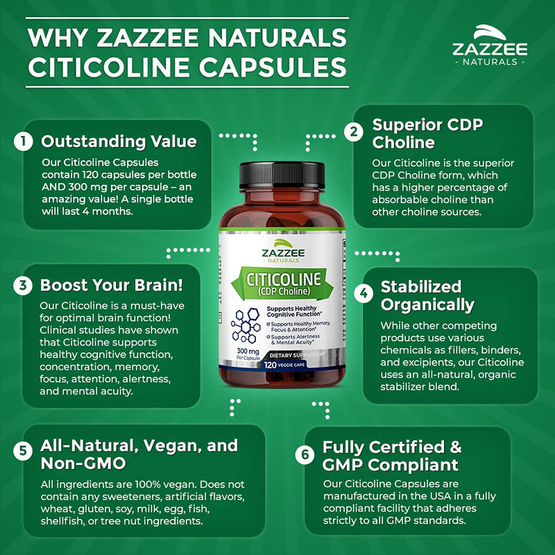 Zazzee Citicoline CDP Choline 300 mg, 120 Vegan Capsules, Vegan, Non-GMO and All-Natural, Premium Grade, Contains Organic Stabilizers - NewNest Australia