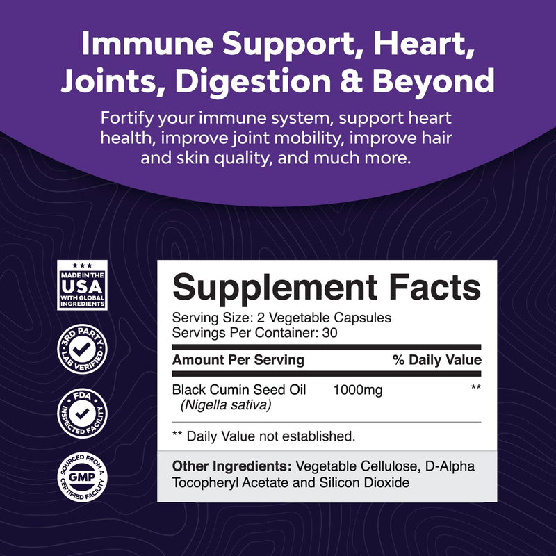 Vegan Black Seed Oil Capsules - Cold Pressed Nigella Sativa Black Cumin Seed Oil Capsules with Omega 3 6 9 Antioxidants and Thymoquinone for Hair Growth Immune Support Joint Health and Digestion 60 Count (Pack of 1) - NewNest Australia