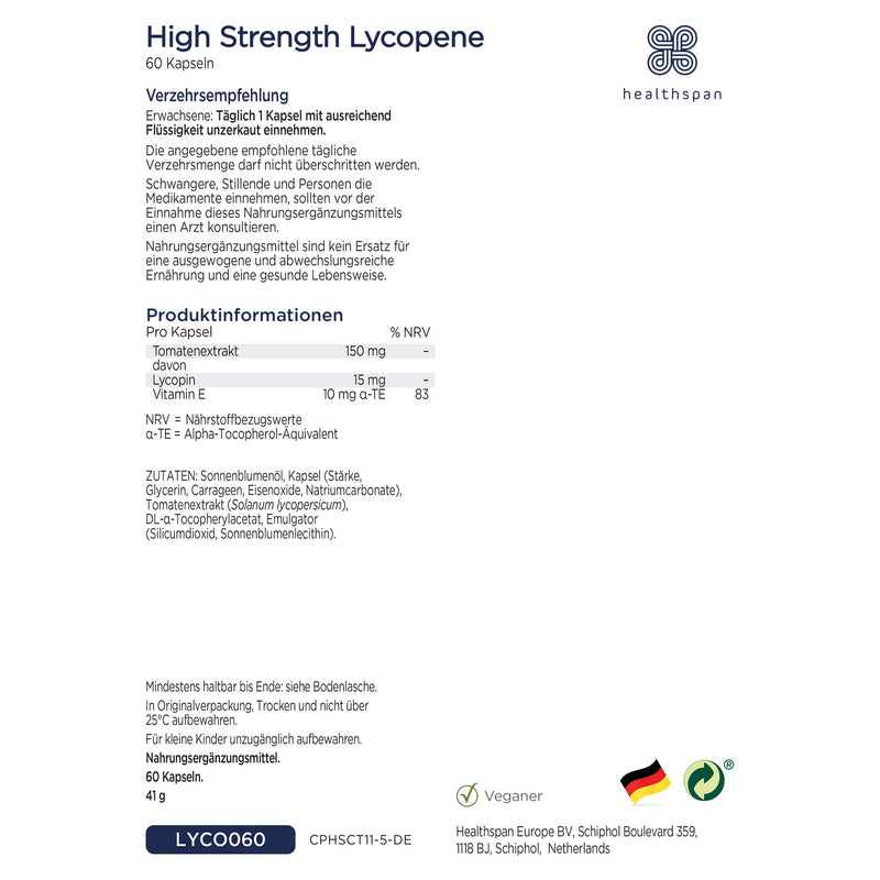 Healthspan Lycopene 15 mg | 150 mg tomato extract | Vitamin E | Rich in tomato phytonutrients | No GMO tomatoes | Vegan | 60 capsules - NewNest Australia