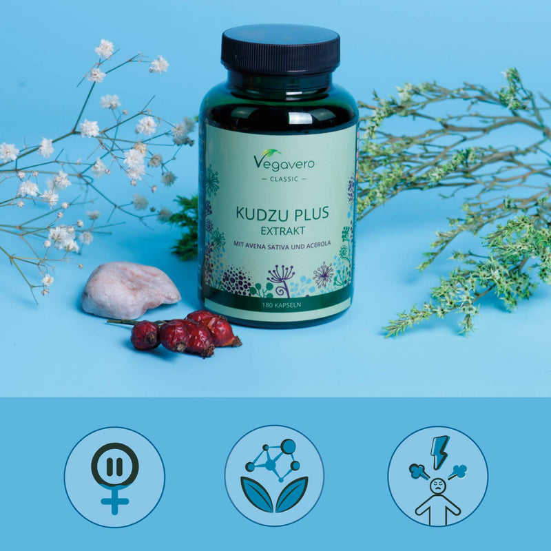 Kudzu Plus Vegavero® | High Strength Root Extract | 8% Isoflavones | 180 Capsules (3 Months Supply) | 600 mg with Avena Sativa (Oat Extract) & Vitamin C | Vegan & NO Additives - NewNest Australia