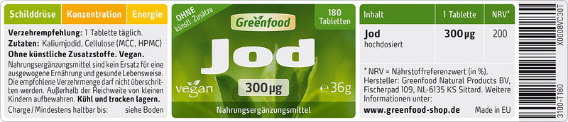 Iodine, 300 µg, high dose, 180 tablets, vegan - optimal iodine supply. Good for the thyroid, nervous system and skin. WITHOUT artificial additives. Without genetic technology. 180 pieces (pack of 1) - NewNest Australia