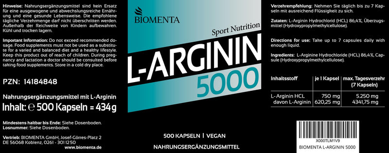 BIOMENTA L-Arginine 5000 - 500 high-dose arginine capsules - vegan - normal size - premium quality - NewNest Australia