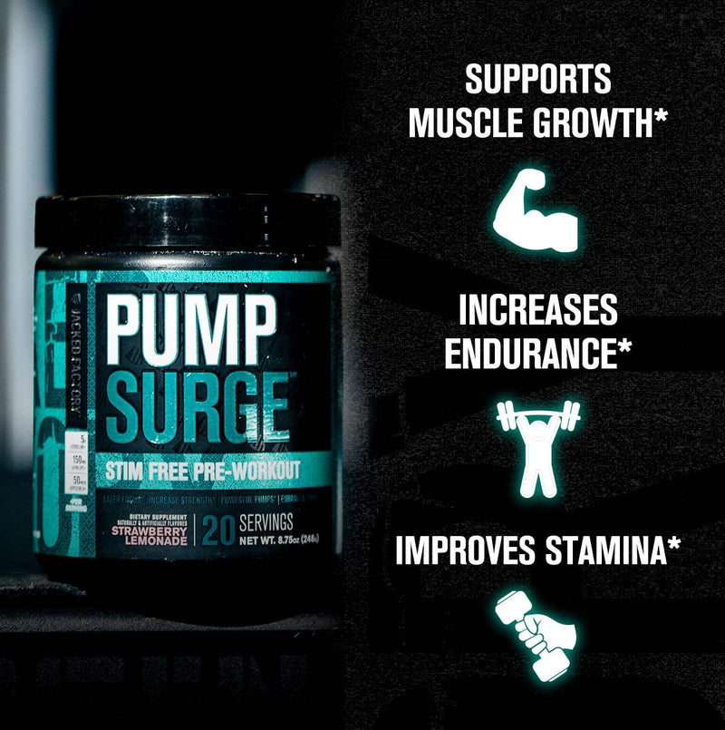 PUMPSURGE Caffeine Free Pump & Nootropic Pre Workout Supplement - Non Stimulant Preworkout Powder & Nitric Oxide Booster - 20 Servings, Blue Raspberry Flavor - NewNest Australia