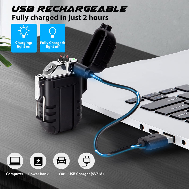 Lighter,USB Rechargeable Lighter,Windproof Arc Lighter Waterproof,Flameless Electric Lighter,Dual Arc Plasma Lighter with Emergency Whistle for Outdoor Adventure,Survival Tactical,Camping Gadgets Black - NewNest Australia