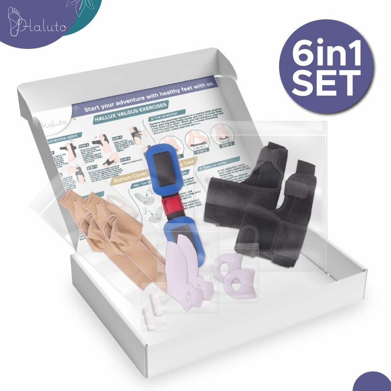HALUTO 6-in-1 SET Hallux Valgus Correction - Hallux Valgus Splint - Hallux Valgus Bandage - Toe Separator Hallux Valgus with Bunion Protection - Hallux Valgus Socks - Hallux Valgus Belt Training Band One Size - NewNest Australia