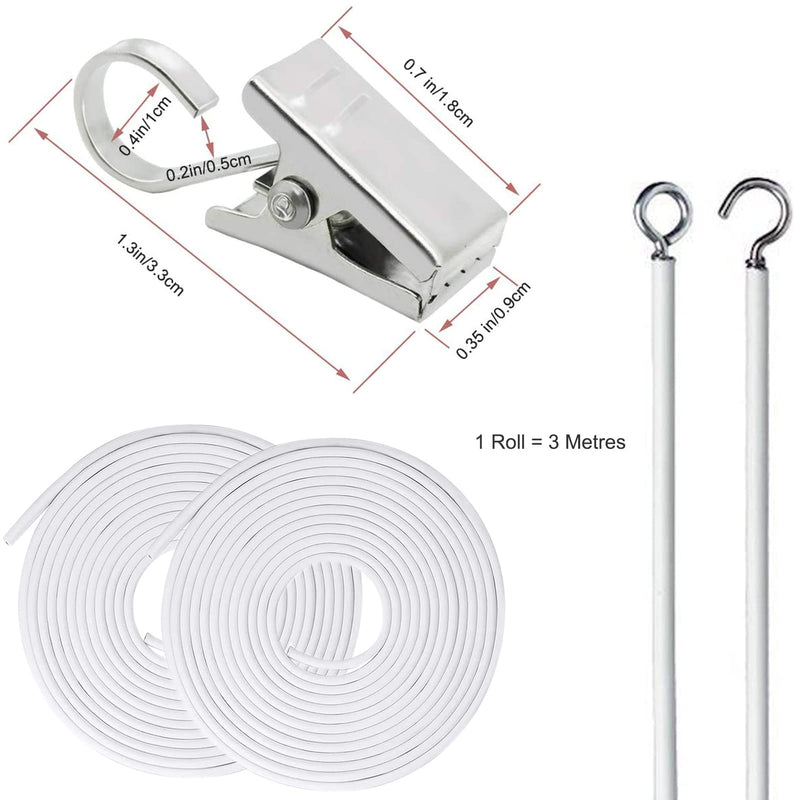 FAPUMOE 3-Meter White Curtain Cords (2-Pack) with Stainless Steel Curtain Clips, Plastic Coated Curtain Wire Window Treatment Cord Kits Curtain Hanging Wire with Screw Eyes and Hooks - NewNest Australia